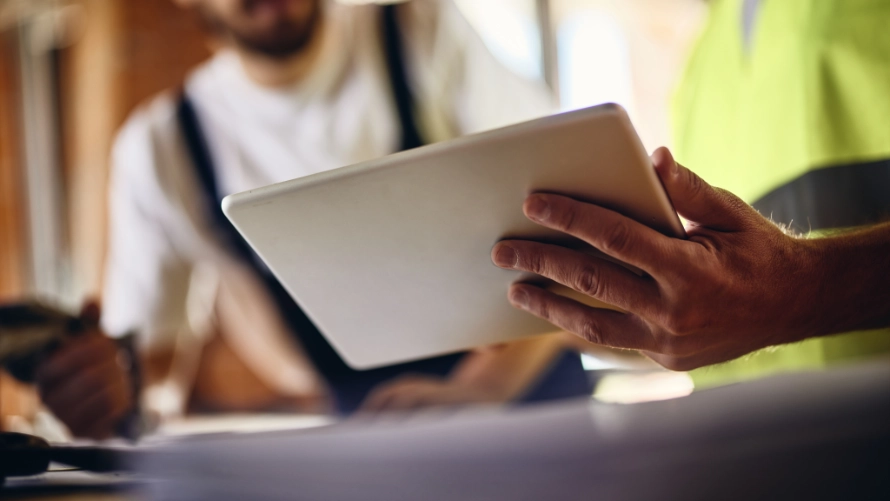 Two workers holding a tablet in a meeting on site