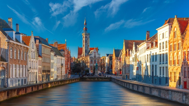 Spiegelrei canal and Jan Van Eyck Square in the morning in Bruges, Belgium