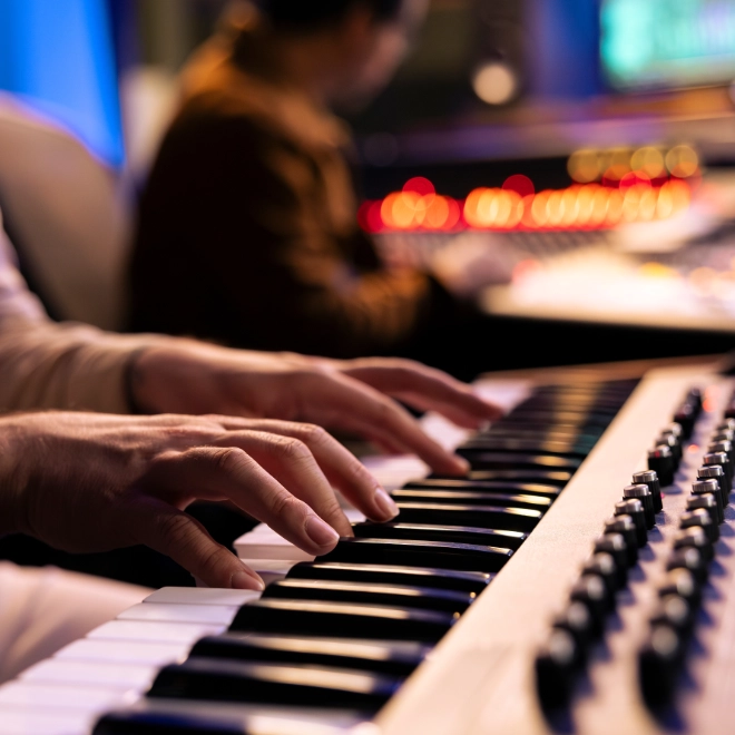 person playing keyboard in a music production studio